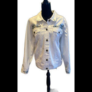 Denim & Co Jean Jacket Womens White Plus Size XL Western Beadwork Pockets